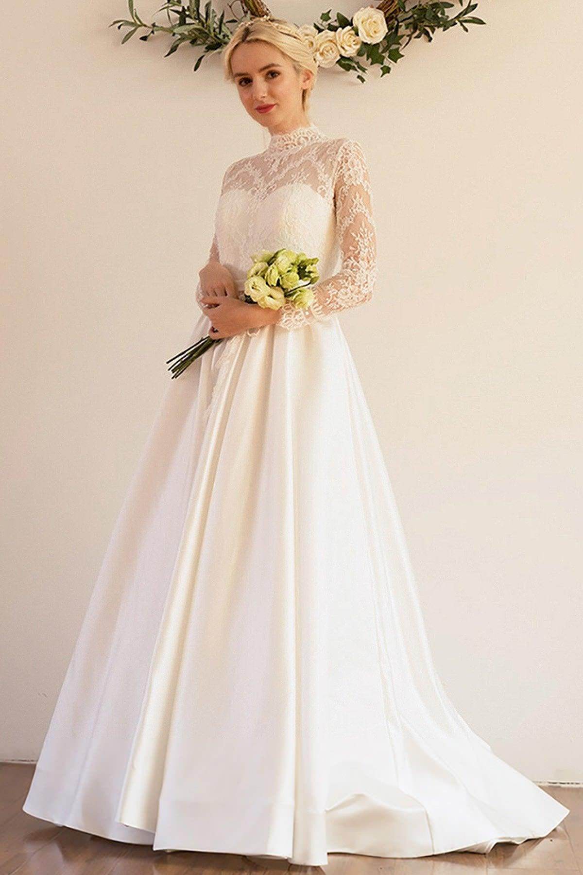 A-Line Sweep-Brush Train Lace Satin Wedding Dress CW3044 - COCOMELODY